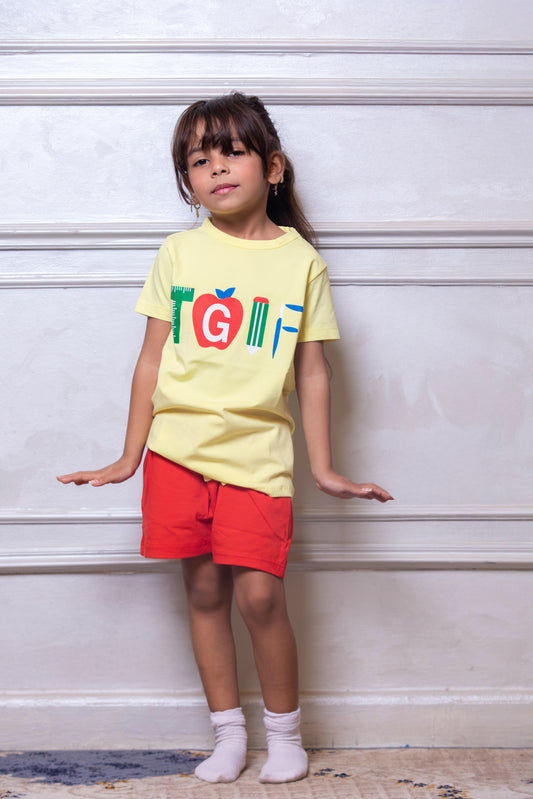 Red & Yellow Printed Kids Short Set