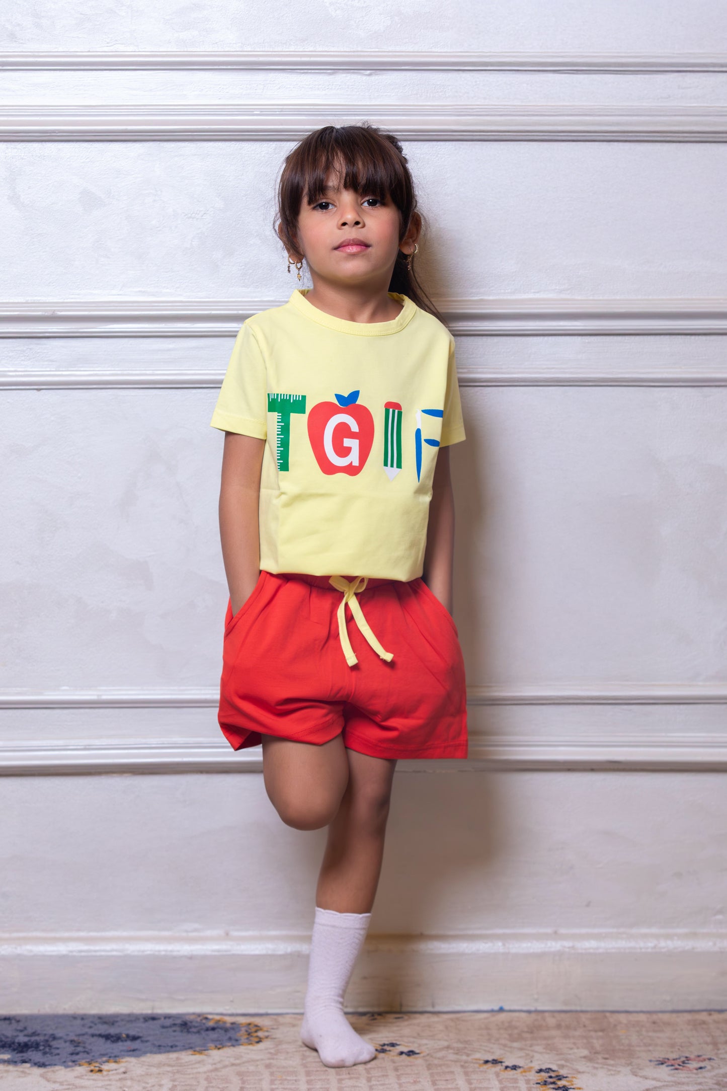 Red & Yellow Printed Kids Short Set